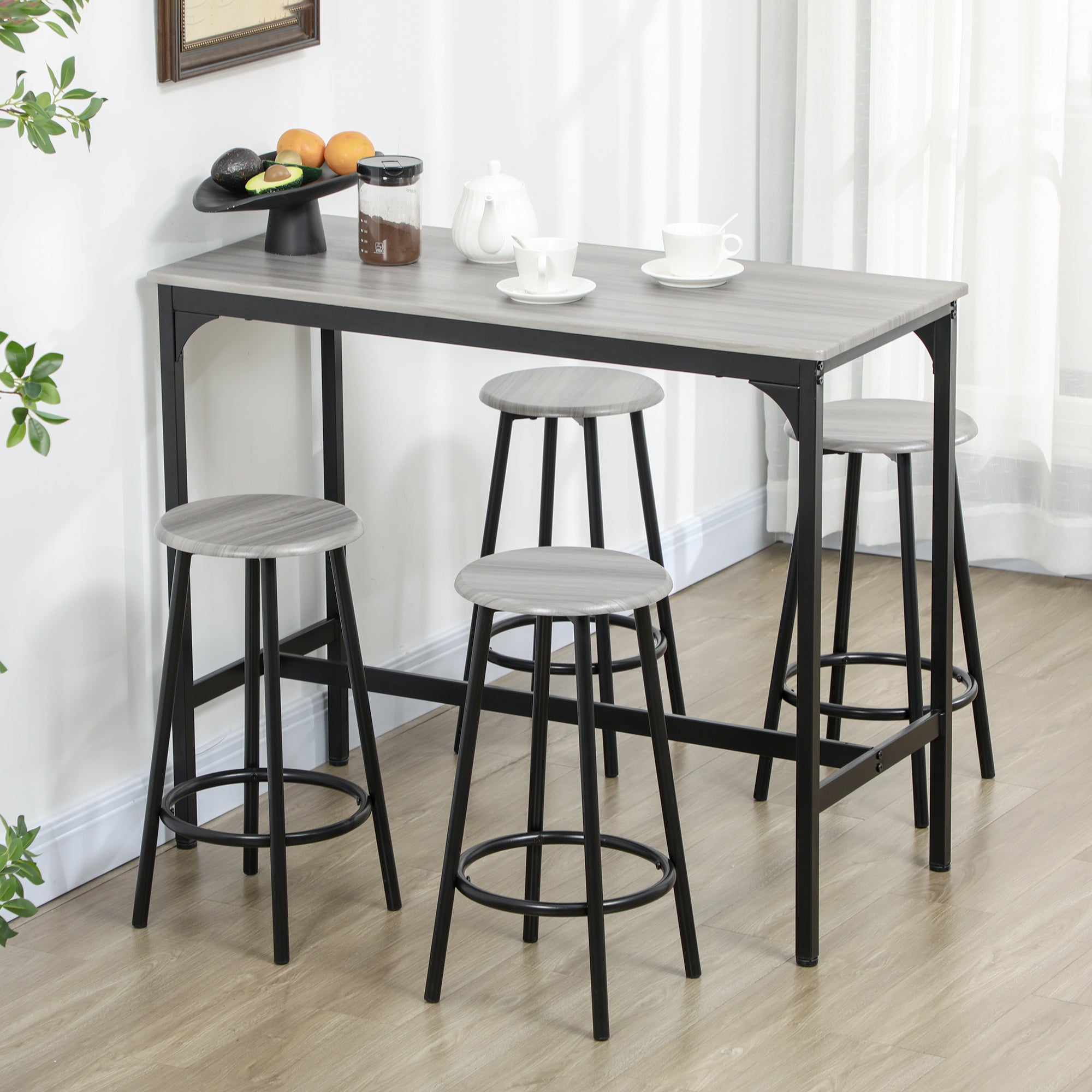 5-Piece Counter Height Bar Table Set, Rustic 43.25" Dining Table with 4 Bar Stools, Kitchen Table with Wooden Top for Pub, Dining Room, Gray
