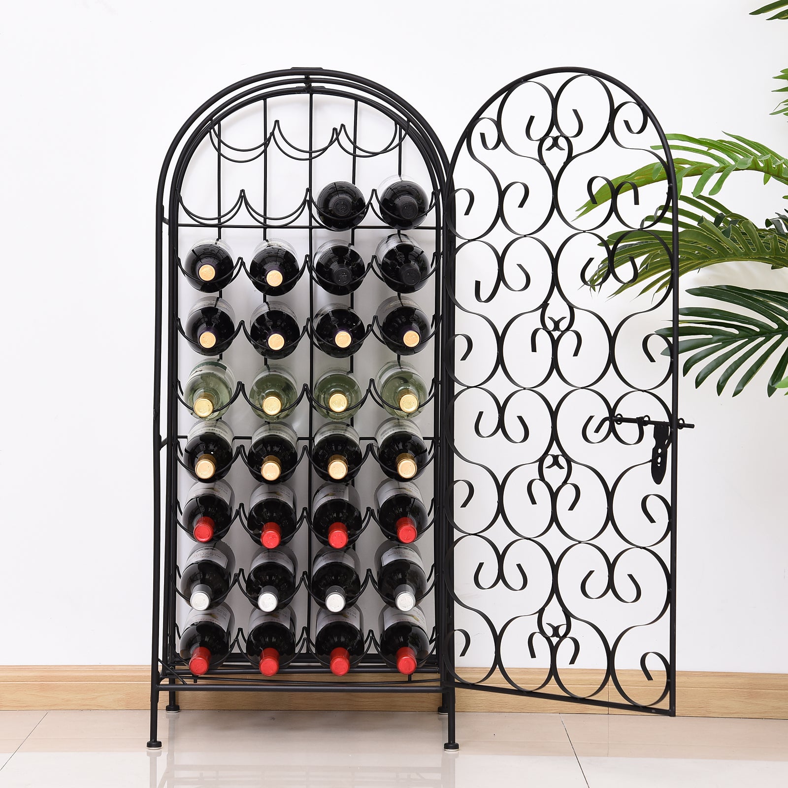 35 Bottle Wrought Iron Wine Rack Cabinet with Lock,  Black