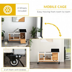Wooden Rabbit Hutch With Wheels, Run, Slide-out Tray For Small Animals, Guinea Pig, Yellow