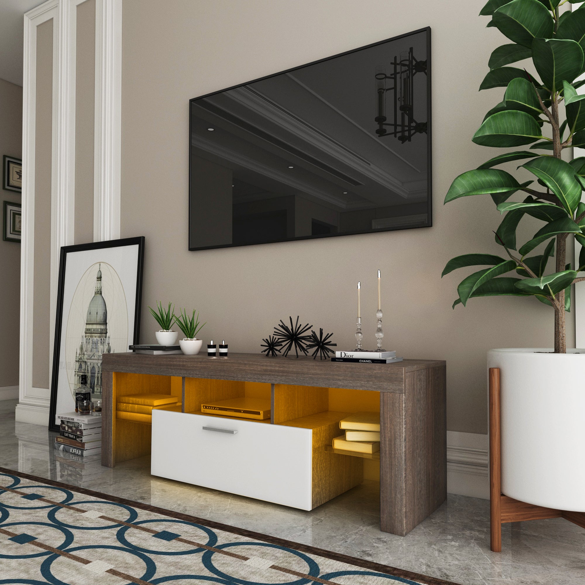 20 Minutes Quick Assembly Brown Simple Modern TV  Stand With The Toughened Glass Shelf Floor Cabinet Floor TV Wall Cabinet Brown  WhiteTV Bracket  With LED Color Changing Lights For Living Room