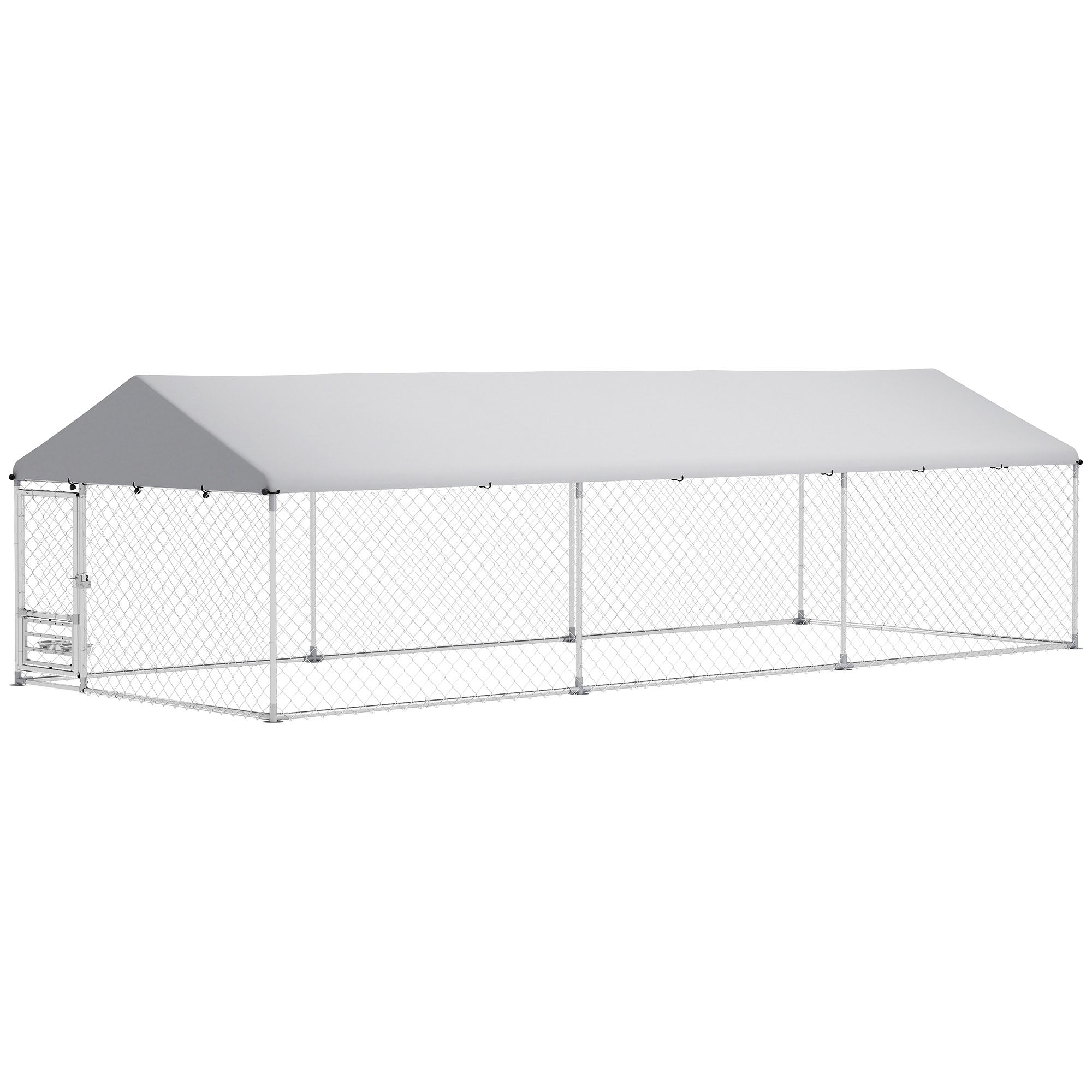 Outdoor Dog Kennel with Adjustable & Rotatable Bowl Rack, Waterproof Cover, Secure Lock, 19.7' x 7.5' x 5.2'