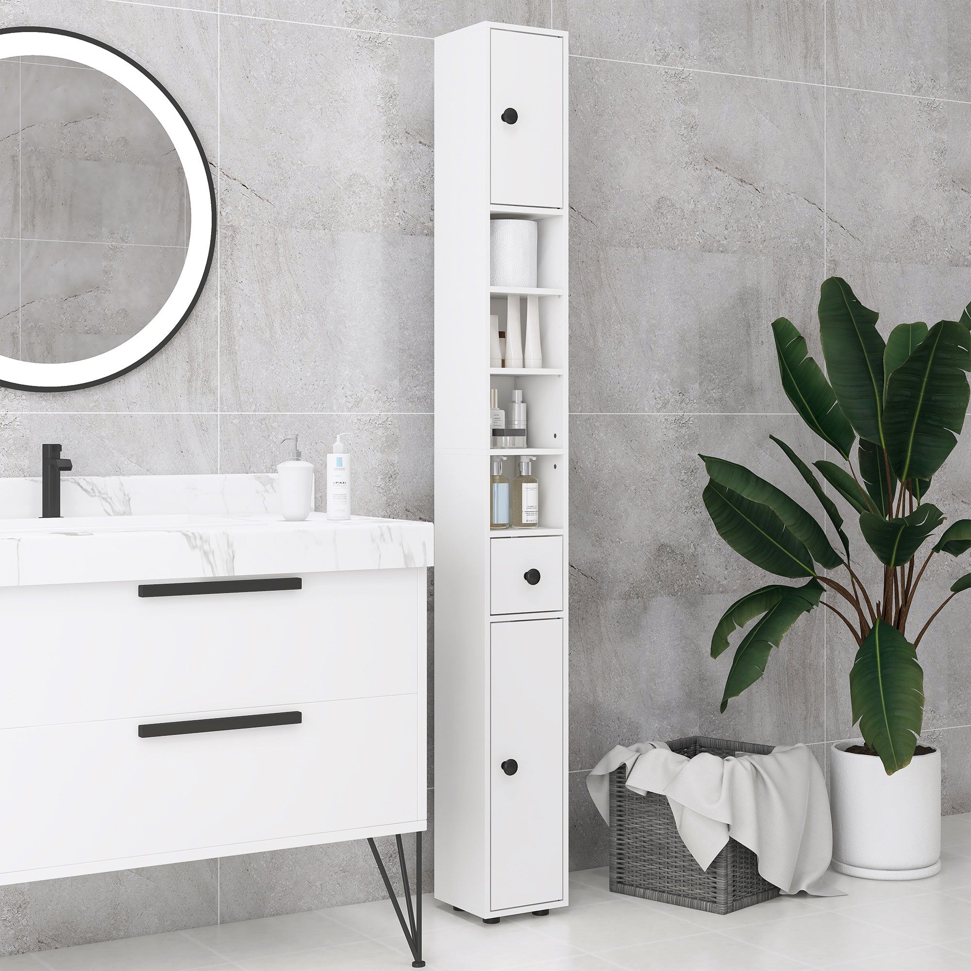 71" Small Bathroom Storage Cabinet, Narrow Toilet Paper Cabinet with Open Shelves, 2 Cabinets, Adjustable Shelves, White