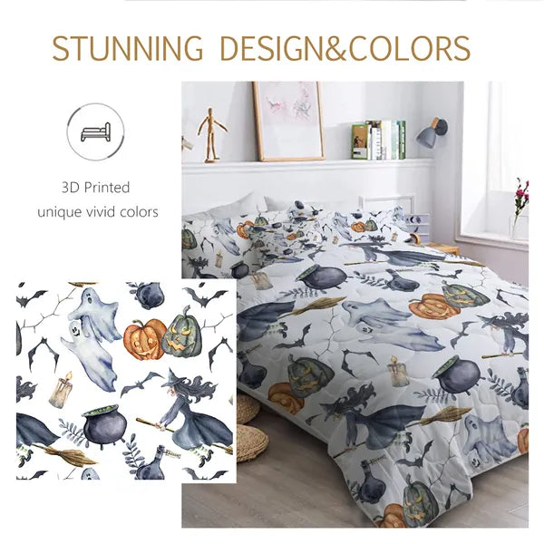 8pcs Halloween Comforter Set, Witch Pattern Bed In A Bag Bedding With Comforter Sheet Sham - 1 Comforter, 2 Pillow Shams, 1 Flat Sheet, 1 Fitted Sheet, 1 Cushion Cover, 2 Pillowcases All Season