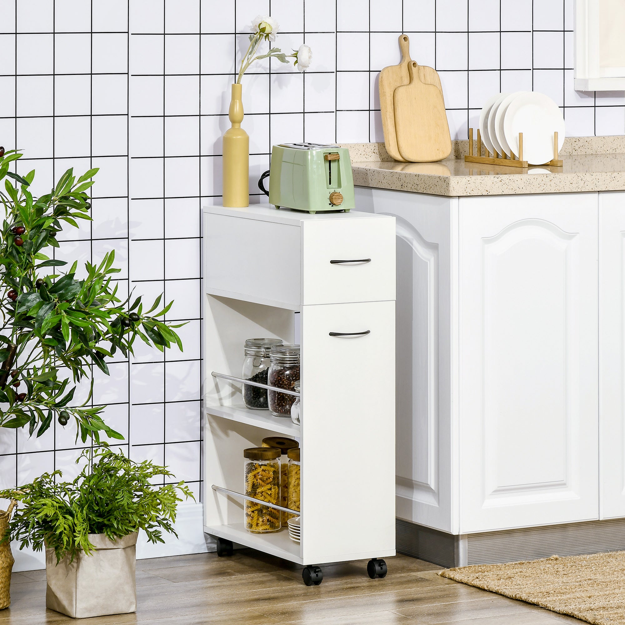 6.25" x 20.5" x 28.25" Rolling Narrow Bathroom Side Storage Cabinet