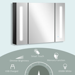 LED Lighted Medicine Cabinet with Mirror, 35.5"W x 25.5"H Wall Mounted Bathroom Cabinet with 3 Cupboards, Memory Function, USB Charge, High Gloss Black