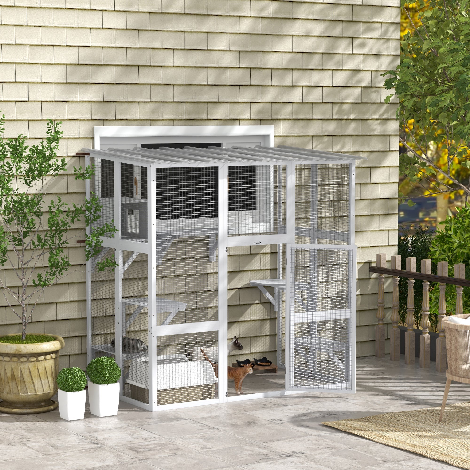 Catio Outdoor Cat Enclosure, Window Box Wooden Cat House with Bridge Platforms, White