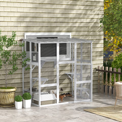 Catio Outdoor Cat Enclosure, Window Box Wooden Cat House with Bridge Platforms, White