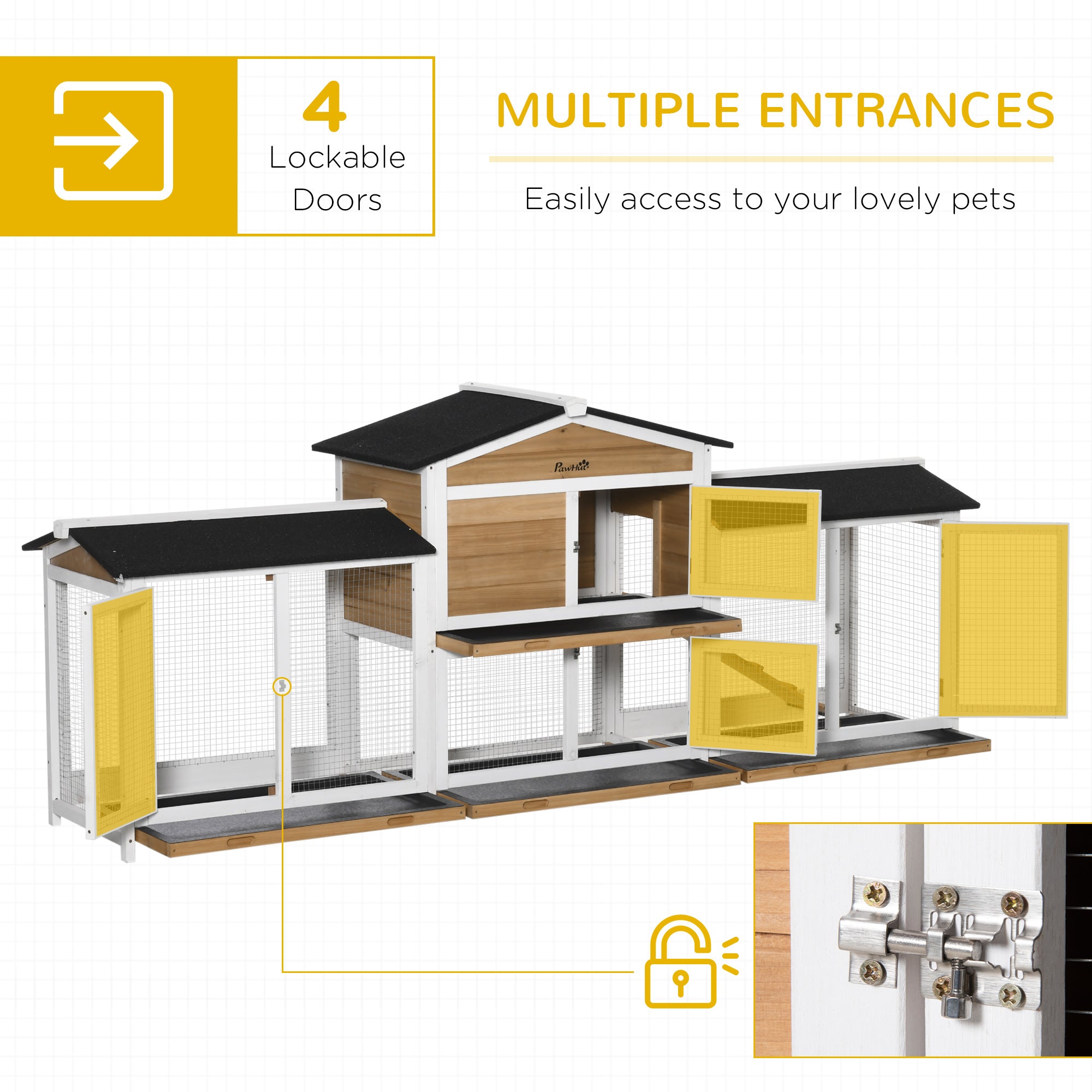 90.5" Wooden Rabbit Hutch Bunny Cage Pet Playpen House Enclosure with Double Side Run Boxes, No Leak Tray, Ramp, for Rabbits, Chickens, Ducks, Guinea Pig and Small Animals, White