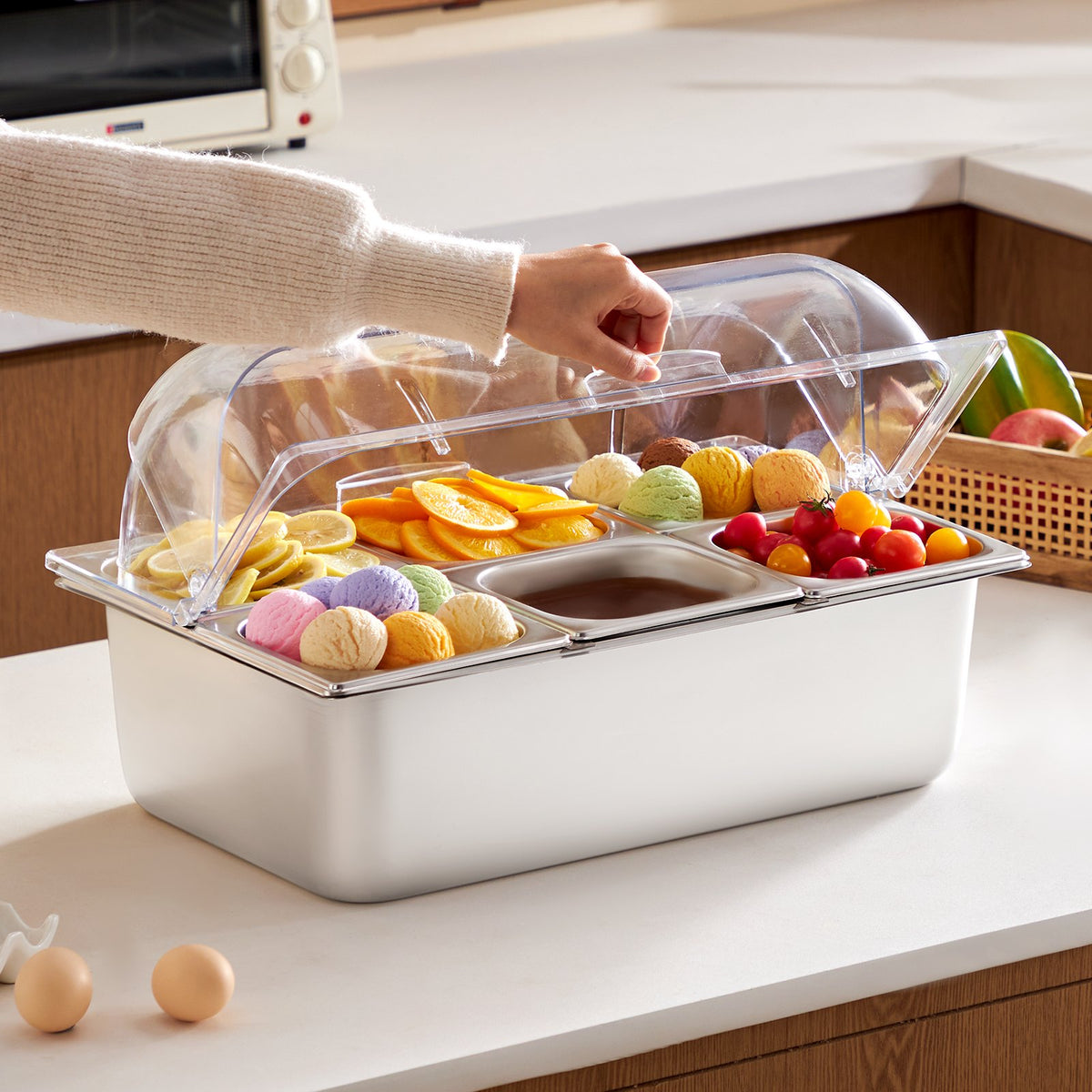 Countertop Food Serving Display Container 6 Pan Condiment Dispenser With Lid