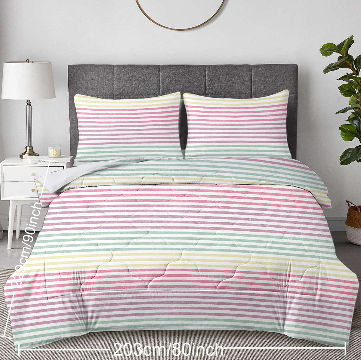 Striped Comforter Set Full Size, Rainbow Comforter Bedding Set Pink Yellow Green Purple 3 Piece, 1 Comforter And 2 Pillow Shams