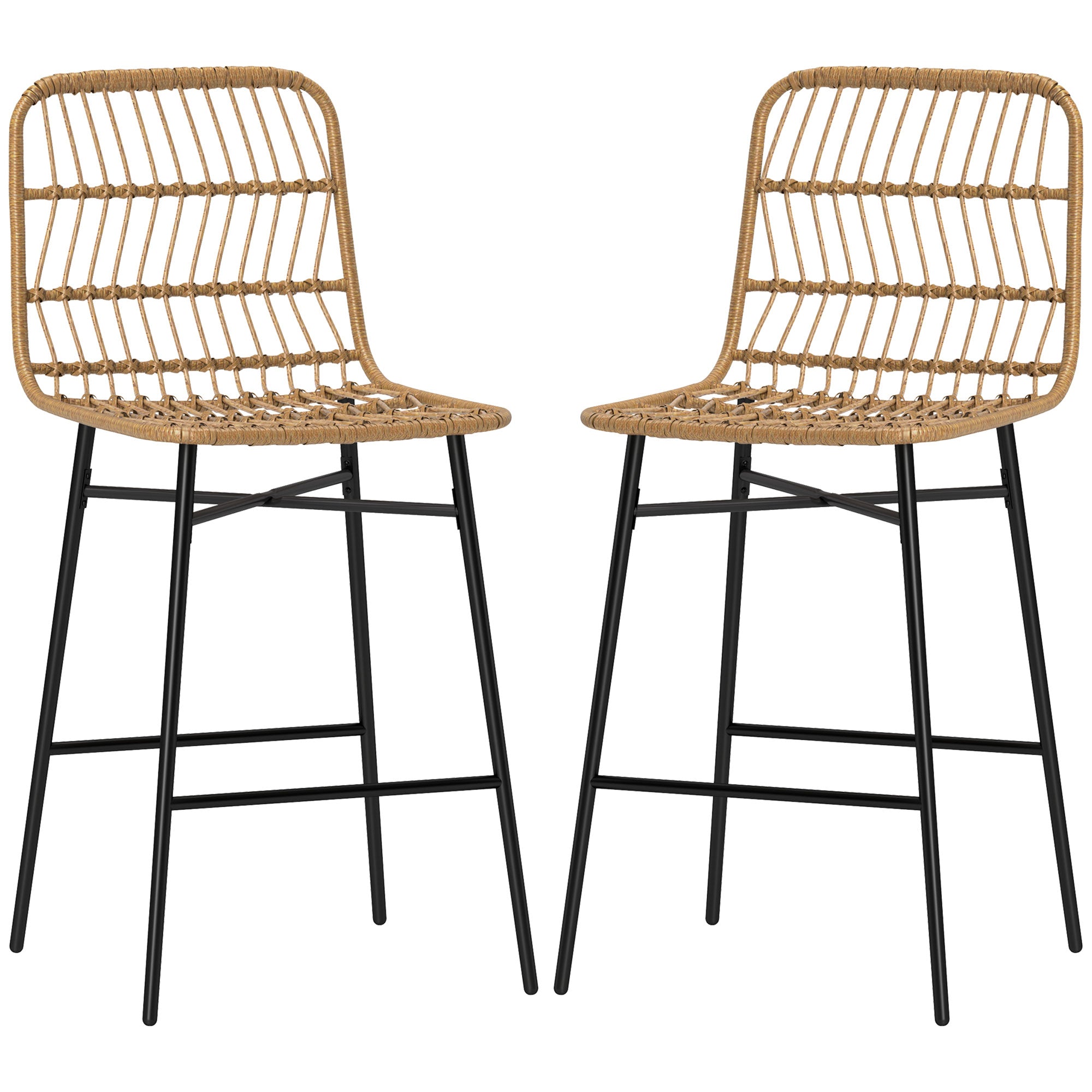 Rattan Counter Bar Stools Set of 2, 26" Counter Height Barstools with Back, Bar Chairs for Kitchen Island, Brown
