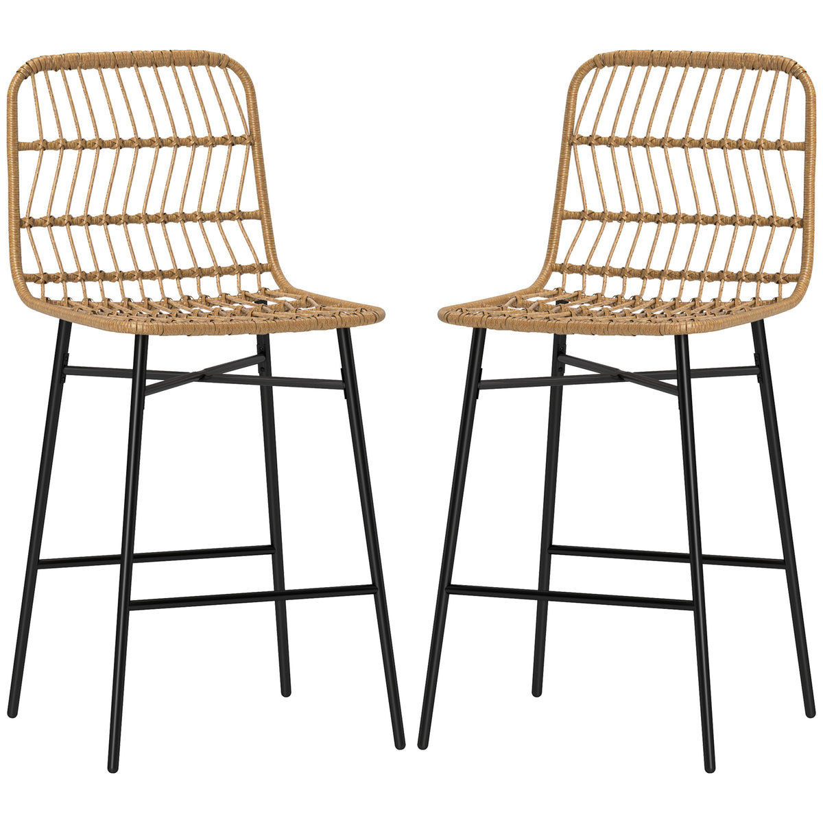 Rattan Counter Bar Stools Set of 2, 26" Counter Height Barstools with Back, Bar Chairs for Kitchen Island, Brown