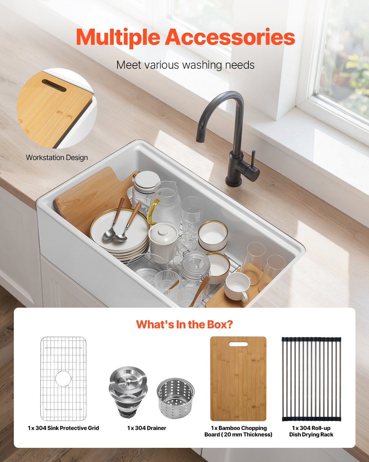 32.5x20 In Farmhouse Sink Undermount Kitchen Single Bowl Basin Fireclay White