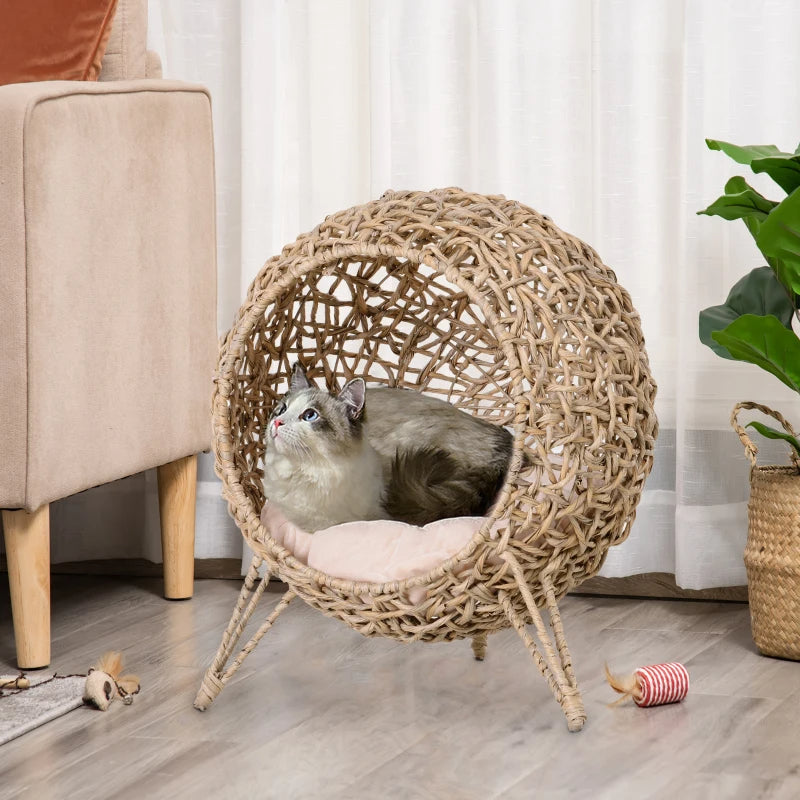 Weaved Cat Bed, Elevated Hand-woven Braided Banana Leaf Kitten House Condo With Cushion, Beige