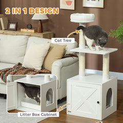 Cat Tree with Litter Box Enclosure, Scratching Posts, Bed, Climbing Platforms for Indoor Cats, White