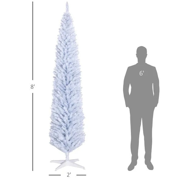 HOMCOM 8' Artificial Pencil Christmas Tree, Slim Xmas Tree With 618 Realistic Branch Tips And Plastic Stand, White
