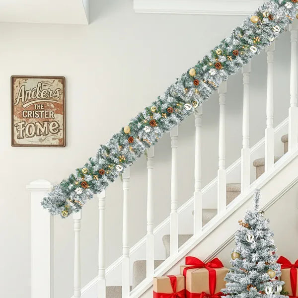 Pre-lit Holiday Christmas 4-Piece Set, Christmas Garland, Wreath And Set Of 2 Entrance Trees With Warm White LED Lights And Remote Control, Artificial Christmas Tree Celebrating Set, Snowy Green