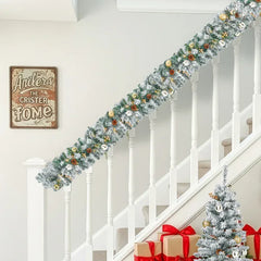 Pre-lit Holiday Christmas 4-Piece Set, Christmas Garland, Wreath And Set Of 2 Entrance Trees With Warm White LED Lights And Remote Control, Artificial Christmas Tree Celebrating Set, Snowy Green