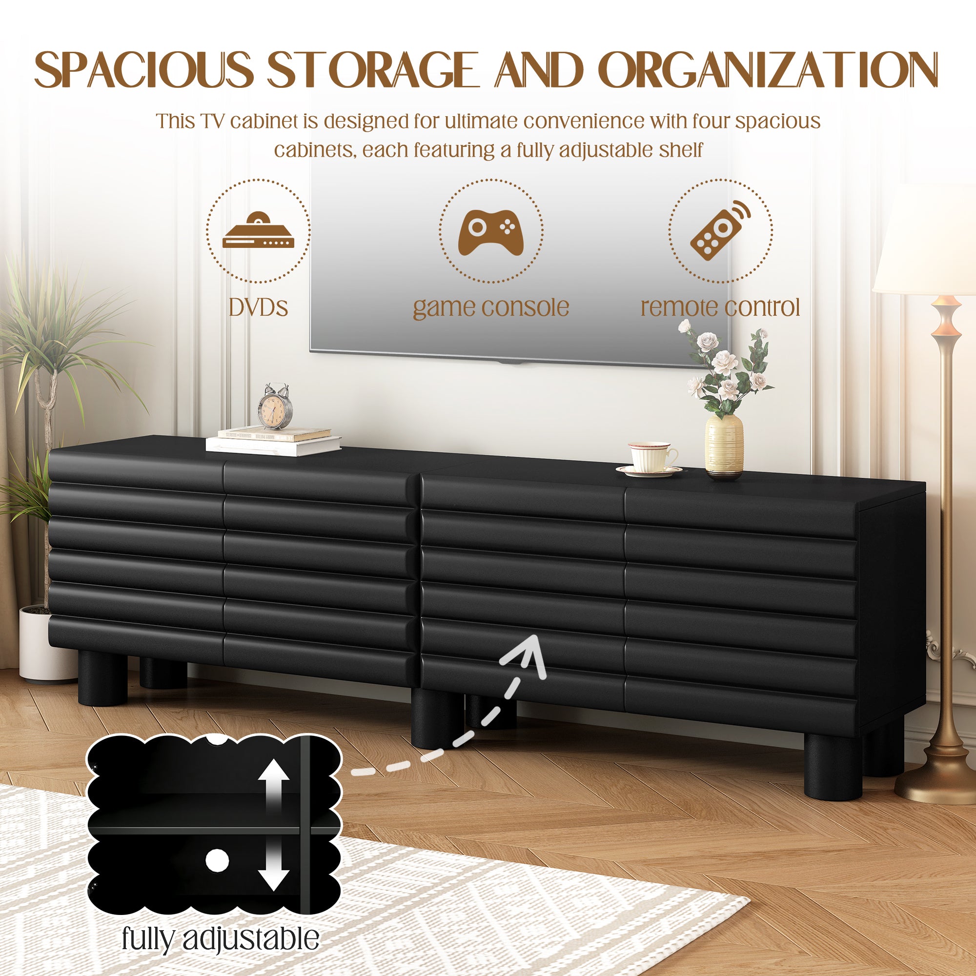 Stylish Thick Wavy Door TV Cabinet With Adjustable Shelves, Cream Style TV Stand With 4 Cabinets For TVs Up To 75 Solid Media Console With Cylindrical Legs And Cable Holes For Living Room, Black