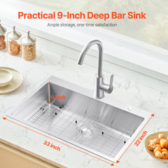 33' Kitchen Sink Top Mount Single Bowl Drop-In Basin Stainless Steel Bar
