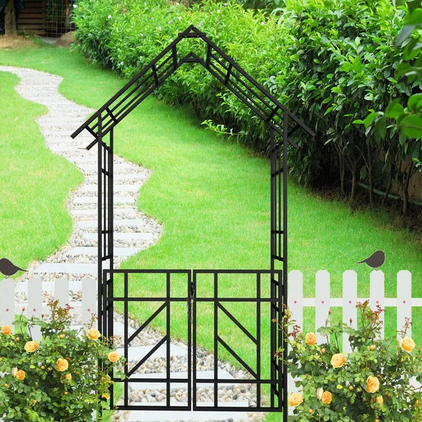 Metal Garden Arch With Gate W58.07*H97.24 Climbing Plants Support Rose Arch Outdoor Black