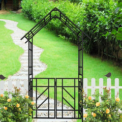 Metal Garden Arch With Gate W58.07*H97.24 Climbing Plants Support Rose Arch Outdoor Black