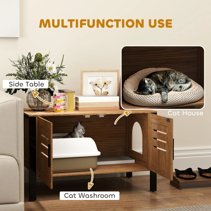 PawHut Cat Litter Box Enclosure With Tall Legs, Scratching Board, Dark Brown,