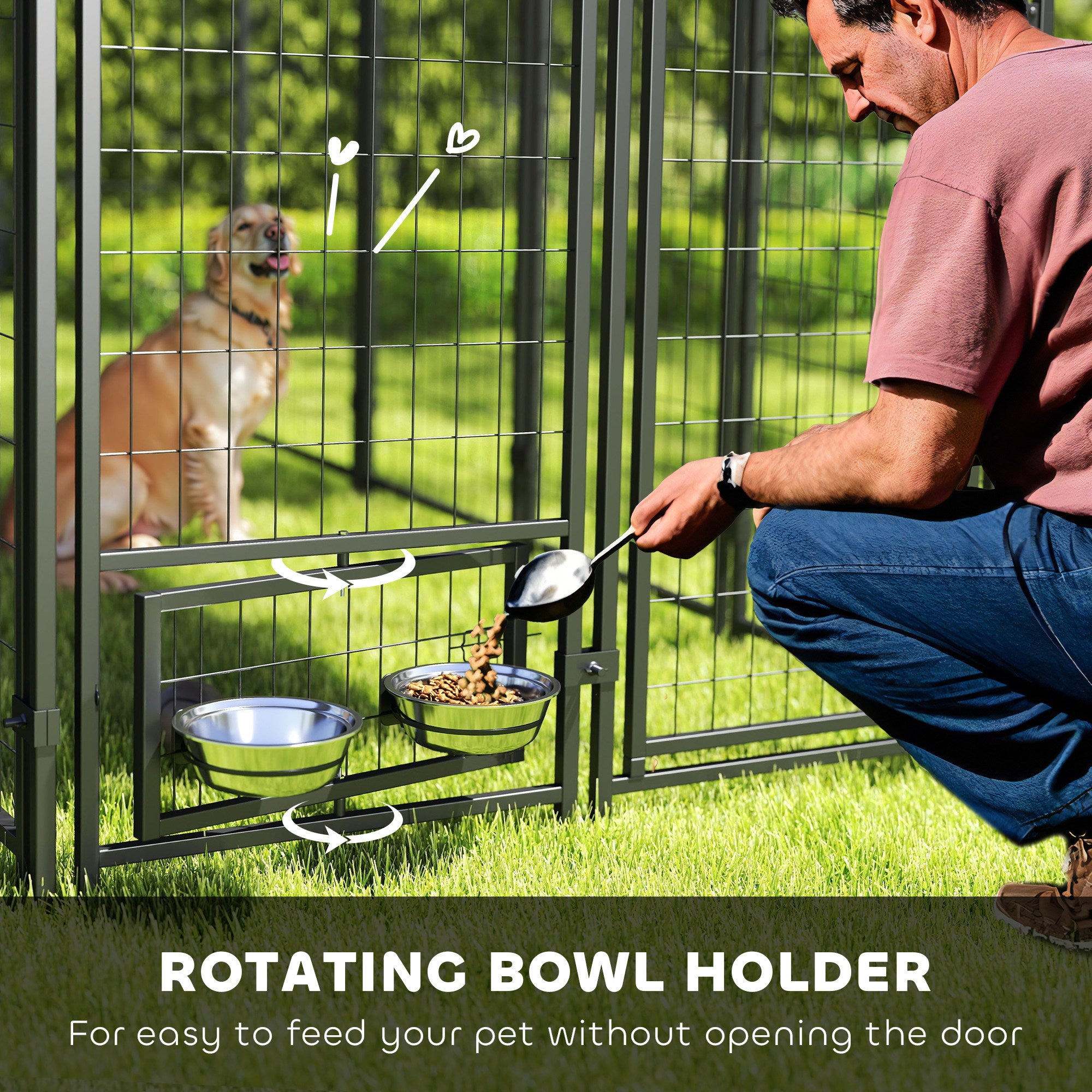Outdoor Dog Kennel with Rotating Bowl Holders, Pet Playpen with Waterproof Cover, 8' x 4' x 6', Green