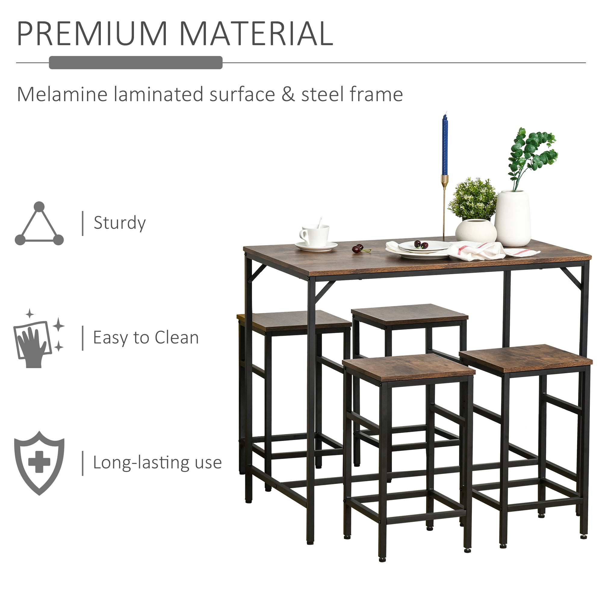5-Piece Industrial Dining Table Set, Bar Table & 4 Stools Set, Space Saving for Pub & Kitchen, Rustic Brown/Black