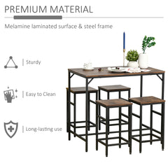 5-Piece Industrial Dining Table Set, Bar Table & 4 Stools Set, Space Saving for Pub & Kitchen, Rustic Brown/Black