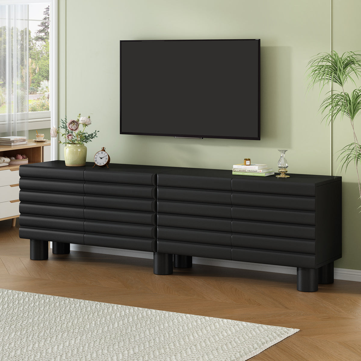 Stylish Thick Wavy Door TV Cabinet With Adjustable Shelves, Cream Style TV Stand With 4 Cabinets For TVs Up To 75 Solid Media Console With Cylindrical Legs And Cable Holes For Living Room, Black