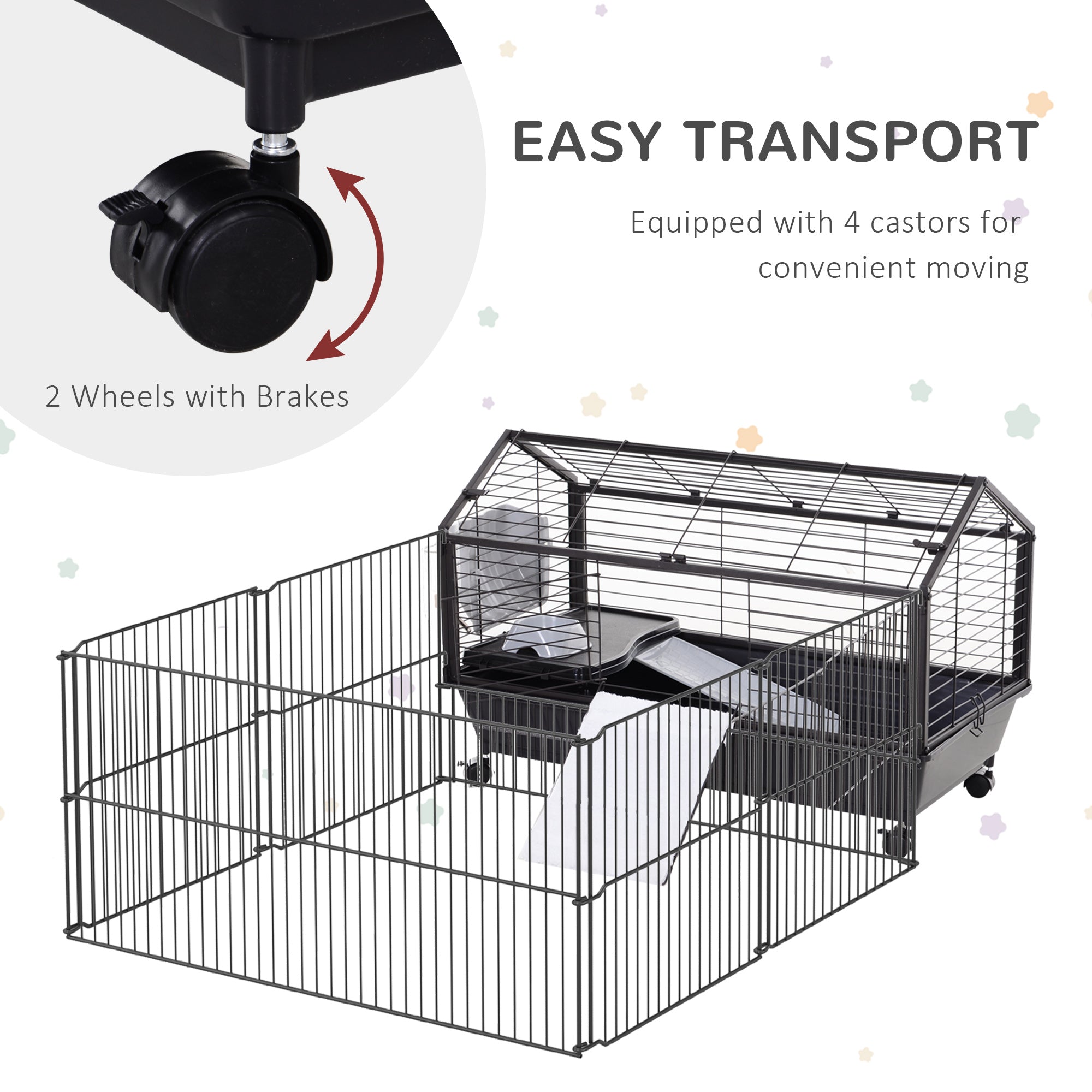 Rolling Metal Rabbit, Guinea Pig, or Small Animal Hutch Cage with Main House and Run