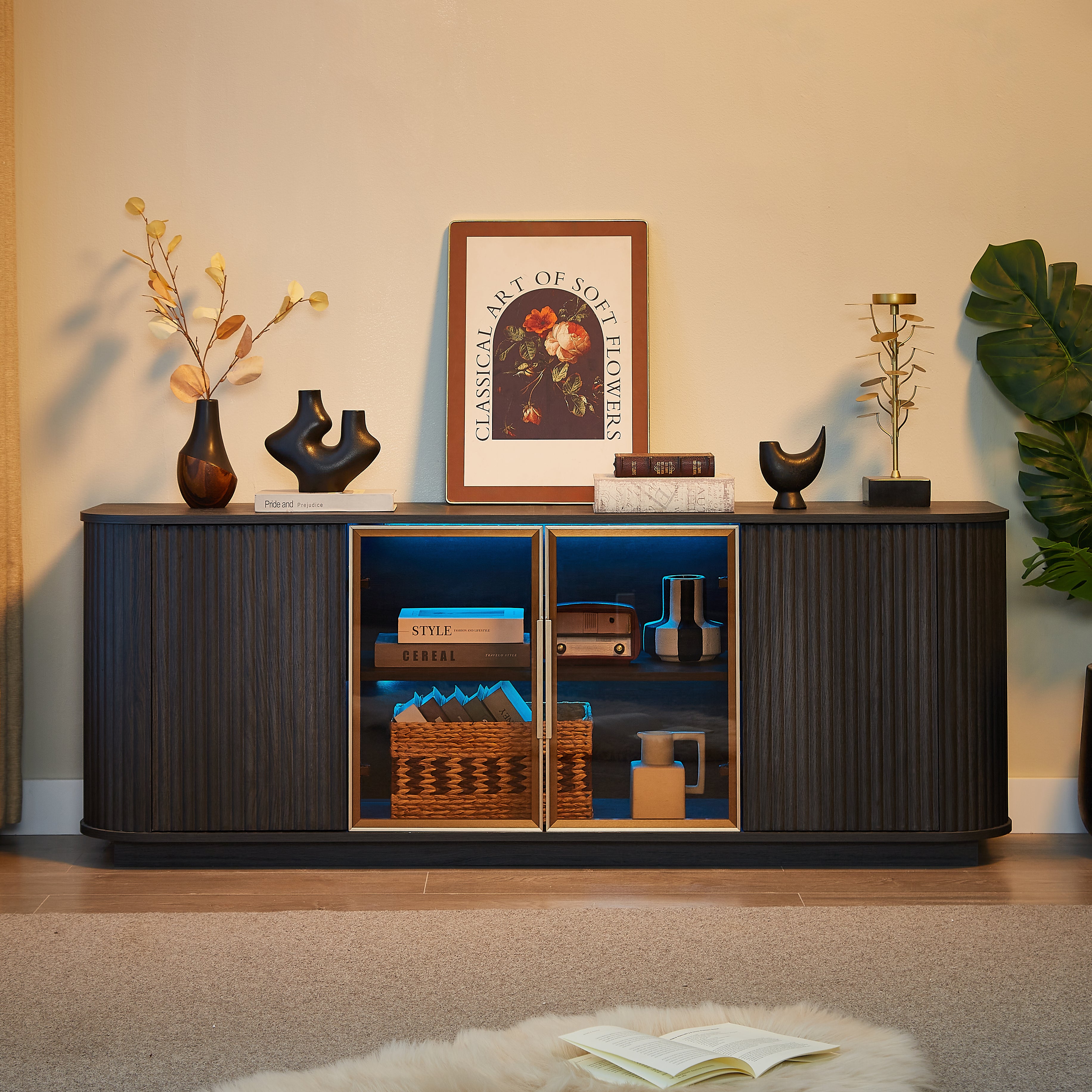 64-Inch Wavy TV Cabinet, Round Sideboard, Wooden Vertical Stripe Storage Cabinet, Aluminum Door Framed Tempered Glass Cabinet For Living Room Bedroom Entryway. Black,64W X 15D X 24H.
