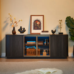 64-Inch Wavy TV Cabinet, Round Sideboard, Wooden Vertical Stripe Storage Cabinet, Aluminum Door Framed Tempered Glass Cabinet For Living Room Bedroom Entryway. Black,64W X 15D X 24H.