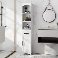 Farmhouse Tall Slim Bathroom Storage Cabinet with Recessed Drawer, Narrow Cabinet with Barn Door, White