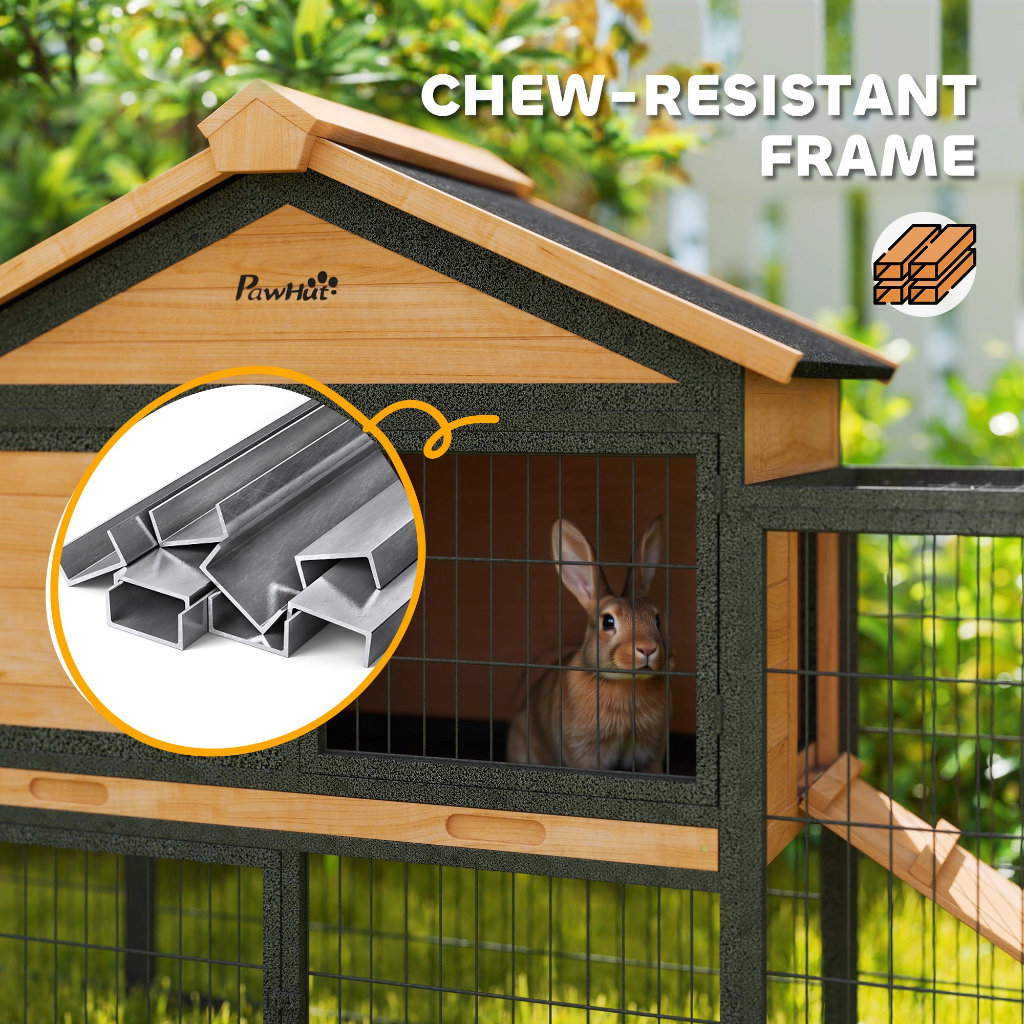 Wooden Rabbit Hutch Outdoor, 85" Large Bunny Cage with Steel Run, Removable Plastic Tray, Asphalt Roof, Ramp