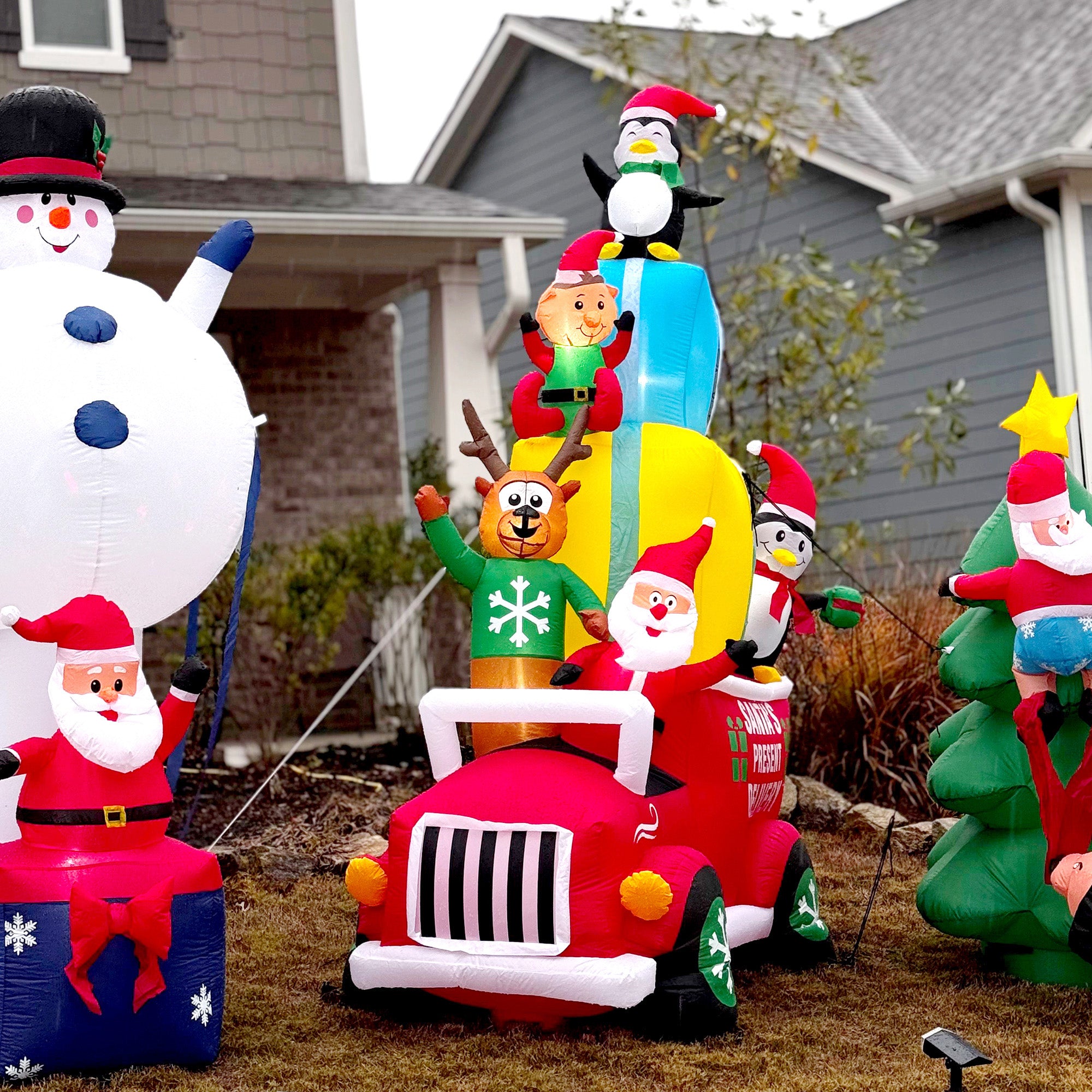 9ft Christmas Inflatables Outdoor Decorations Santa Claus Drives a Gift Car with Elk, Elf and Two Penguins, Blow-Up LED Yard Christmas Decor for Garden, Lawn
