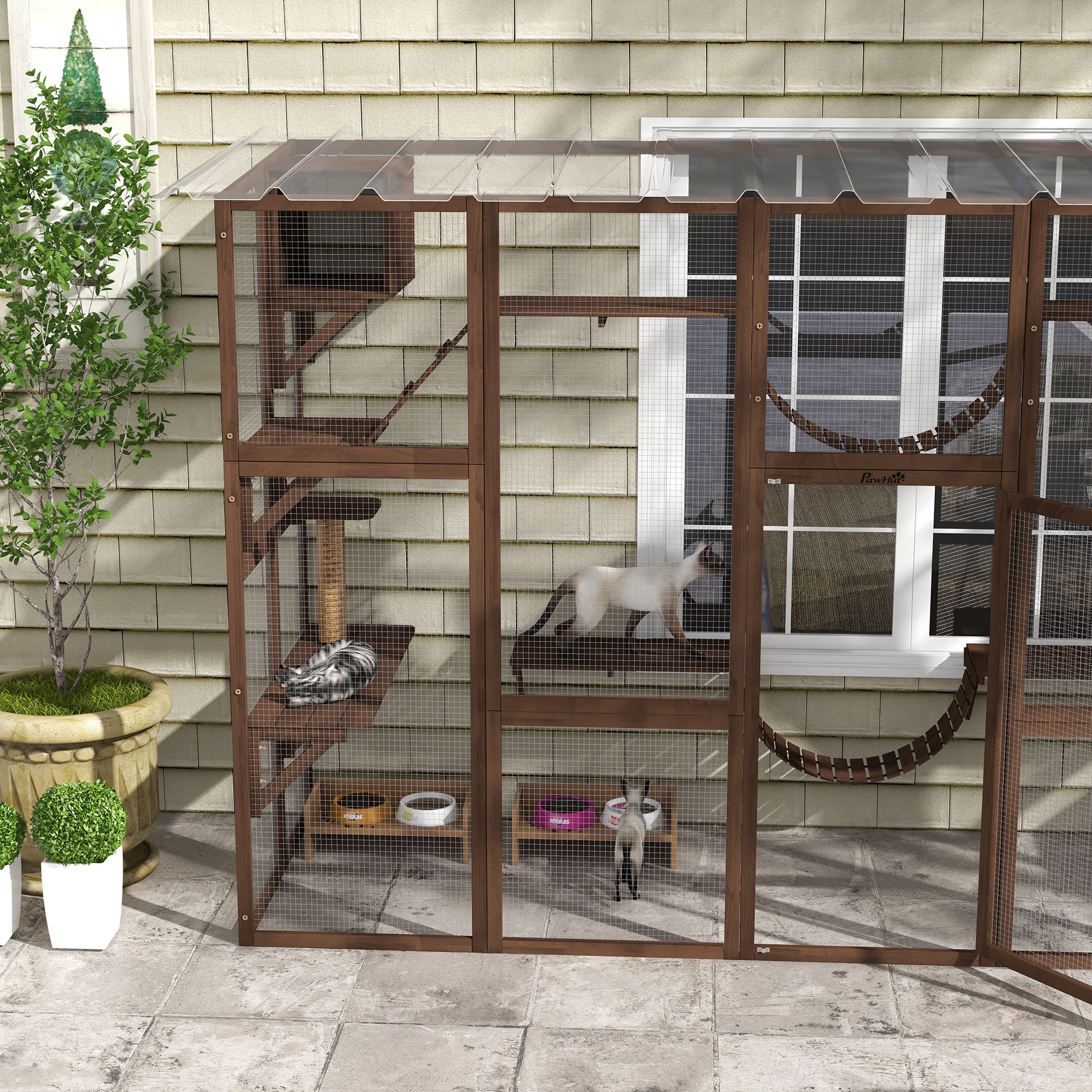 Large Outdoor Cat Enclosure for Multiple Cats with Shelves & Bridges, Coffee Brown