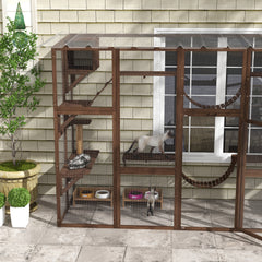 Large Outdoor Cat Enclosure for Multiple Cats with Shelves & Bridges, Coffee Brown