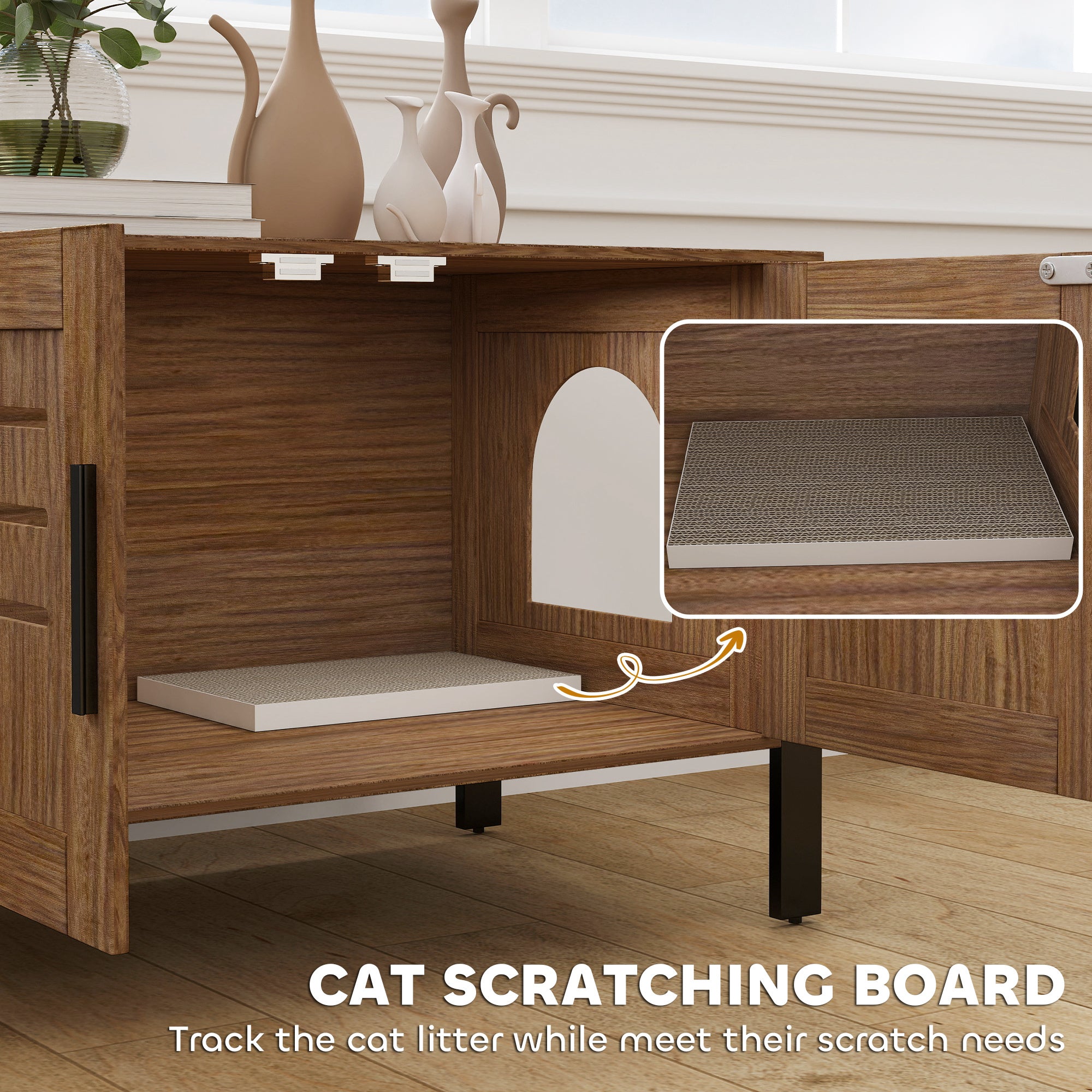Cat Litter Box Enclosure with Tall Legs, Scratching Board, Dark Brown, 31.5"L x 17.7"W x 19.7"H
