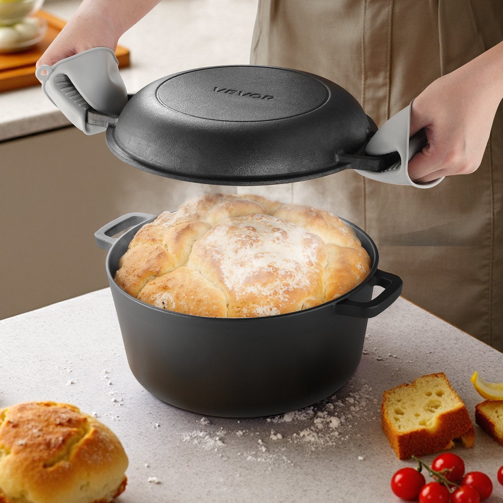 Cast Iron Dutch Oven 2-in-1 Pre-Seasoned Double Pot With Lid Handles 5 Qt Black