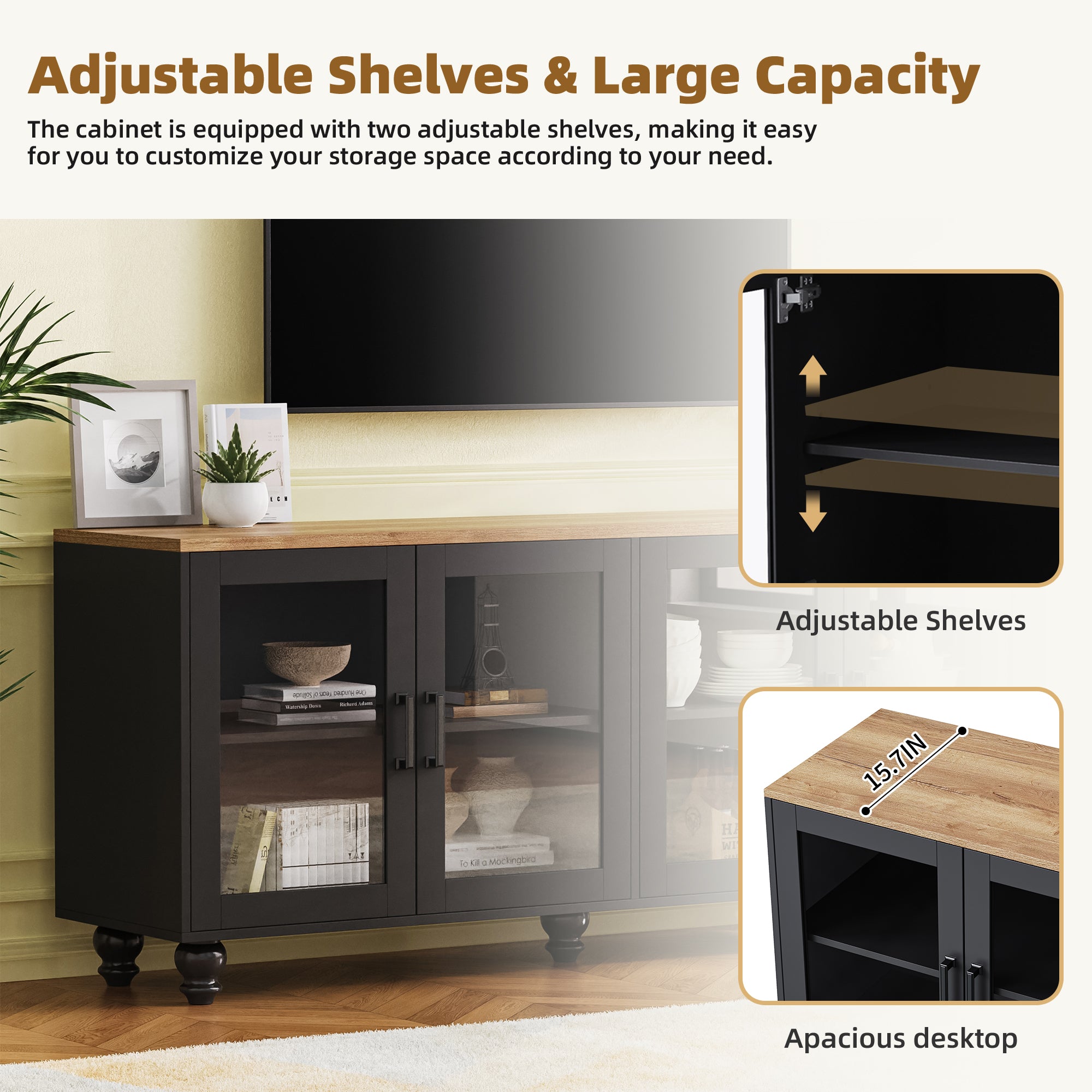 ON-TREND Farmhouse TV Stand With Tempered Glass Doors For TVs Up To 70, Versatile Sideboard With Adjustable Shelves, Elegant Buffet Cabinet With 5 Solid Wood Gourd-Shaped Legs For Living Room, Black