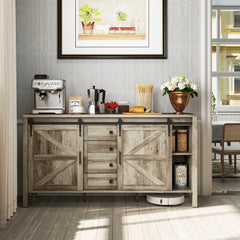 59" Buffet Cabinet, Farmhouse Sideboard with Thick Top, 2 Barn Doors, 4 Drawers and 2 Adjustable Shelves, Gray Wash