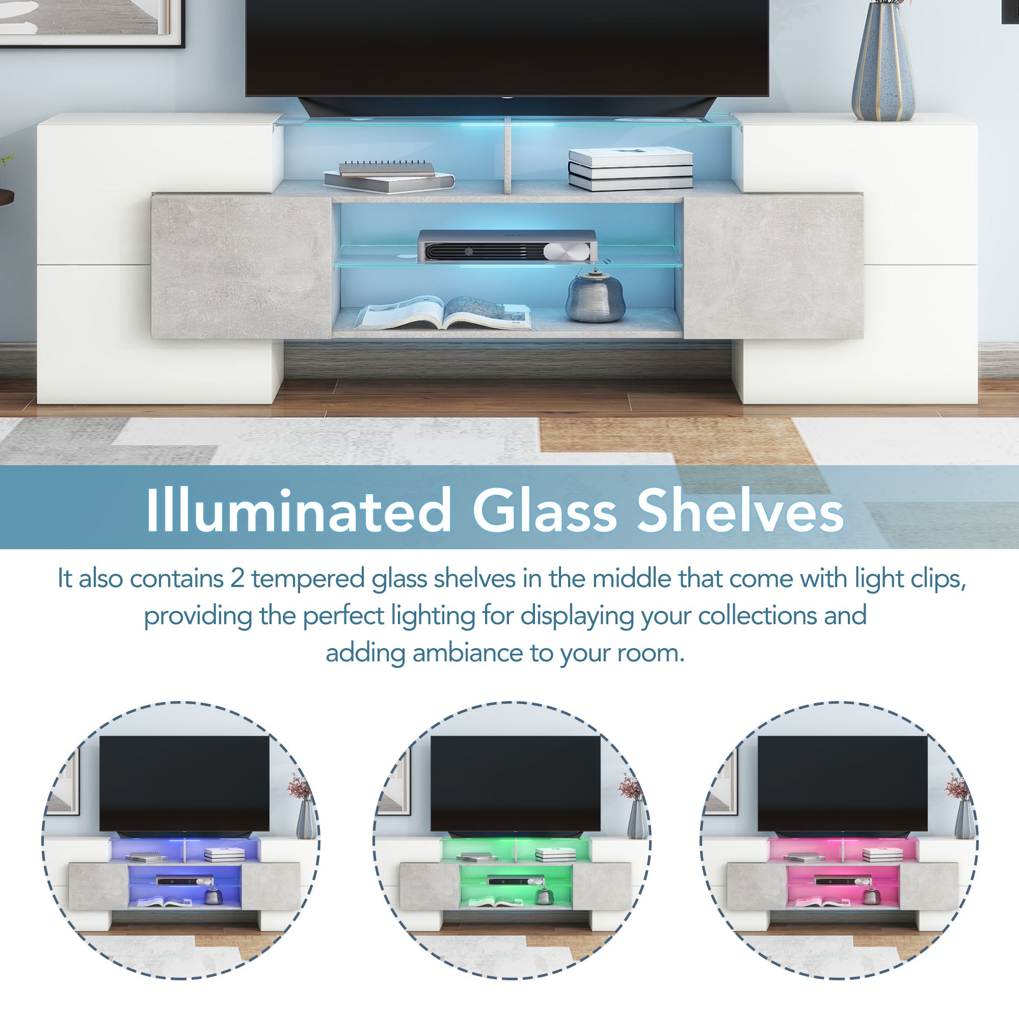 ON-TREND Unique Shape TV Stand With 2 Illuminated Glass Shelves, High Gloss Entertainment Center For TVs Up To 88, Versatile TV Cabinet With LED Color Changing Lights For Living Room, Grey