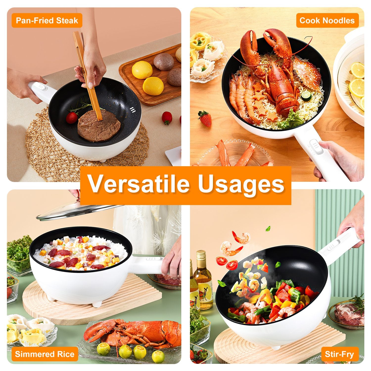 Electric Hot Pot Non-Stick Frying Pan Portable Rapid Noodles Cooker With Long Handle Steamer Spatula Dual Power Control Overheat Dry-Boil Protection For College Dorm Room Essential For Food Prepare