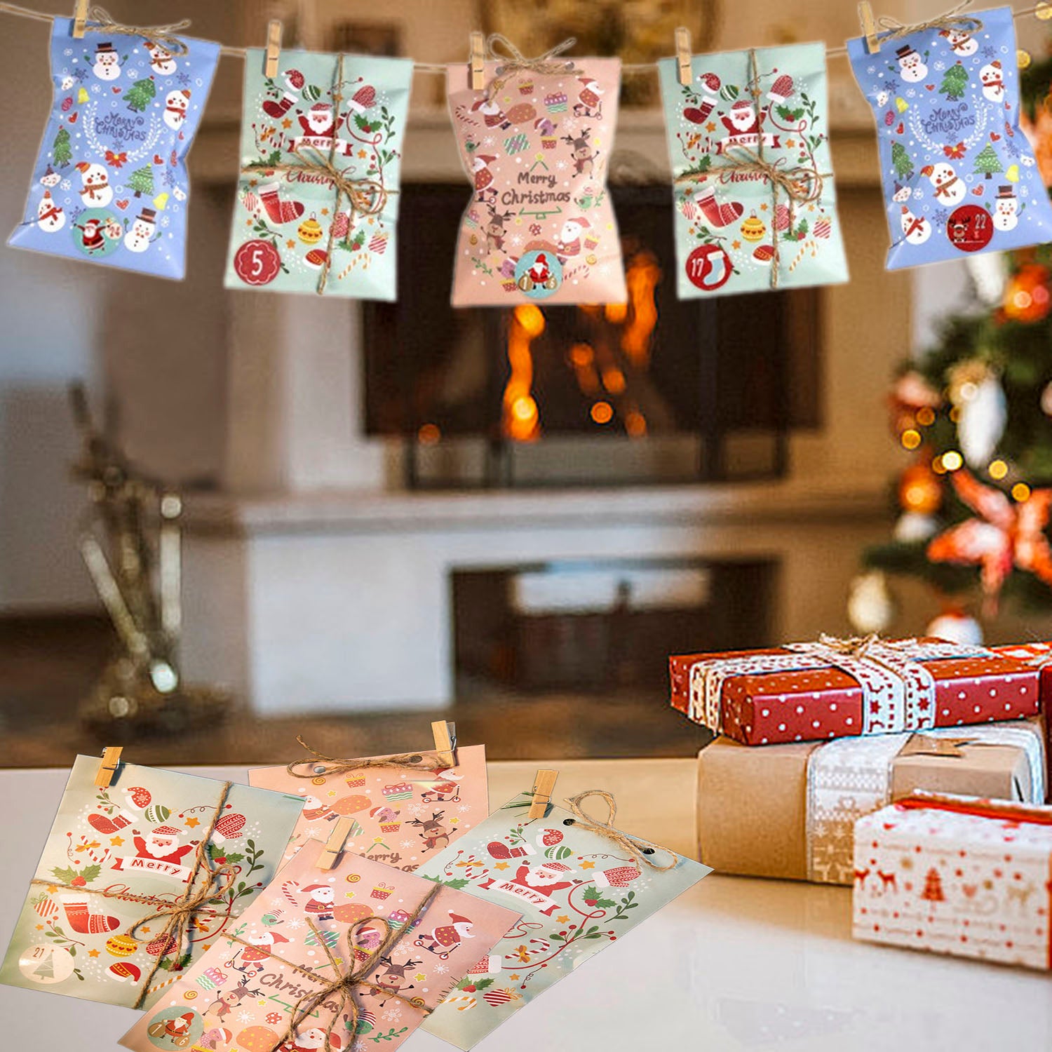 48 Pack Christmas Advent Calendar Bags Kit Envelope Shape Paper Gift Bags With Advent Numbers Stickers Clips And Rope Santa Claus Snowman Pattern Goodie Candy Treat Bags For Xmas Party Tree Decoration