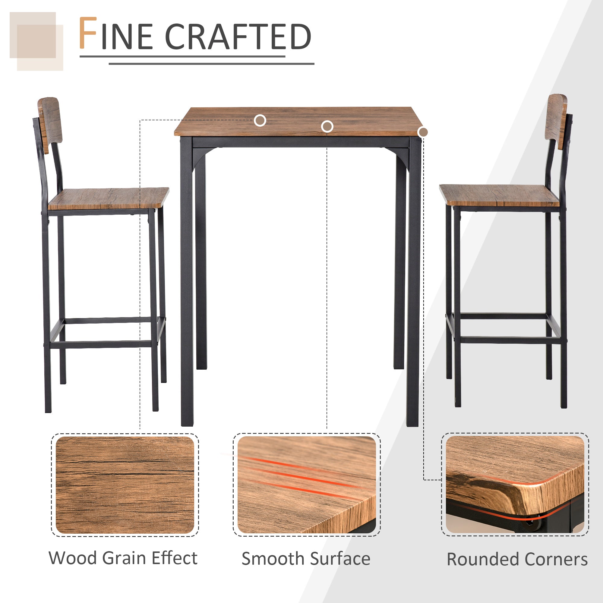 3 Piece Pub Table and Chairs, Small Kitchen Table and Chairs, Square Dining Table with 2 Stools, Walnut and Black