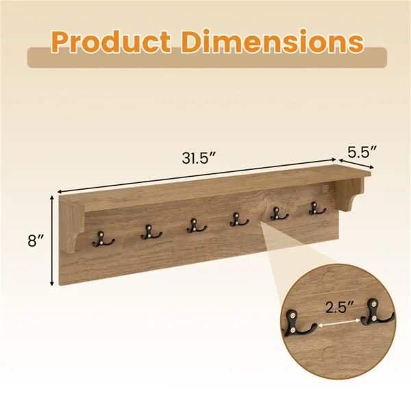 Wall Mount Coat Rack With Shelf - 31.5"x5.5"x8", 6 Hooks & 110LBS Capacity (Natural)
