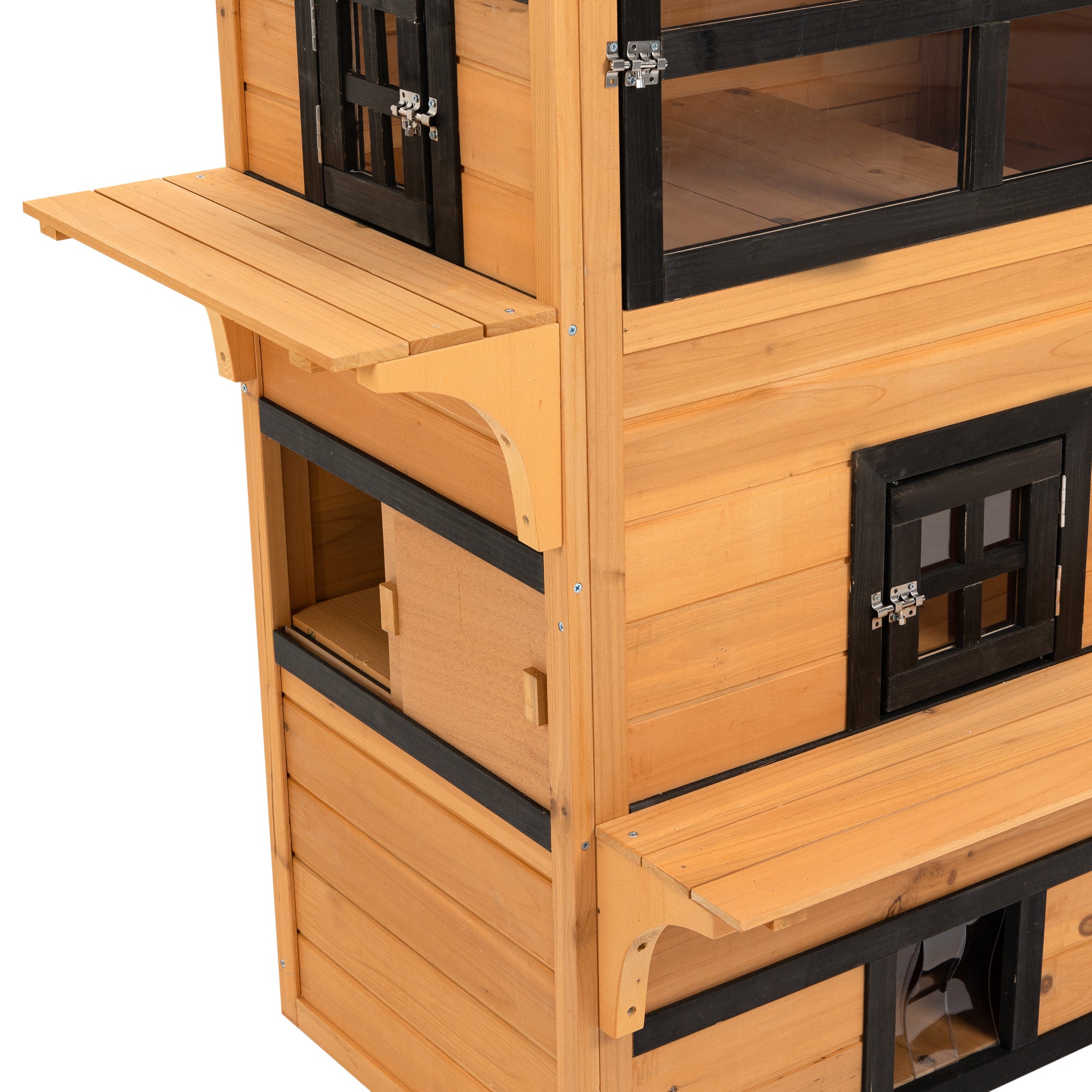 Outdoor Cat House, 3-Tier Kitty Shelter with 5 Escape Doors, Weather Resistant, Yellow & Black