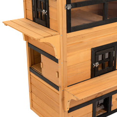 Outdoor Cat House, 3-Tier Kitty Shelter with 5 Escape Doors, Weather Resistant, Yellow & Black